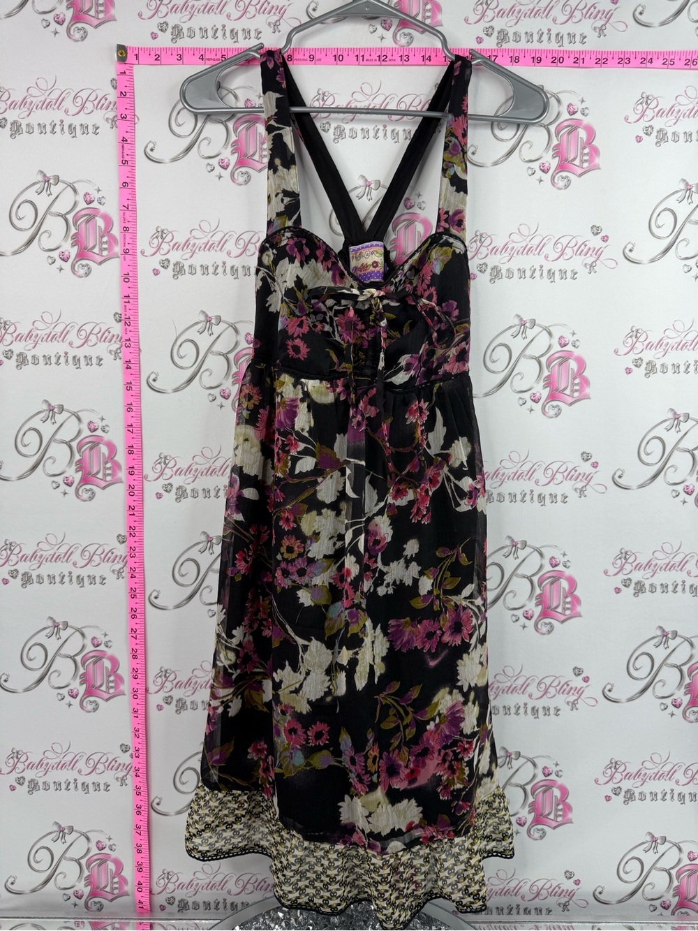 Uttam London dress flowers Black Floral Midi Dress with Pink and Cream Accents